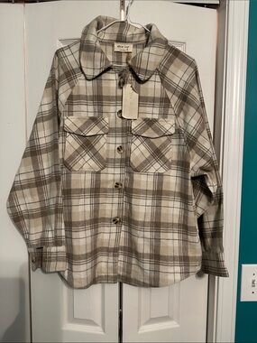 Neutral Plaid Button-Front Shacket in Beige and Brown
